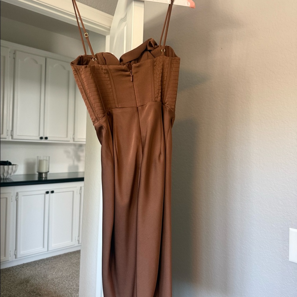 House of CB Myrna Chocolate Satin Corset Midi Dress Brown Size S